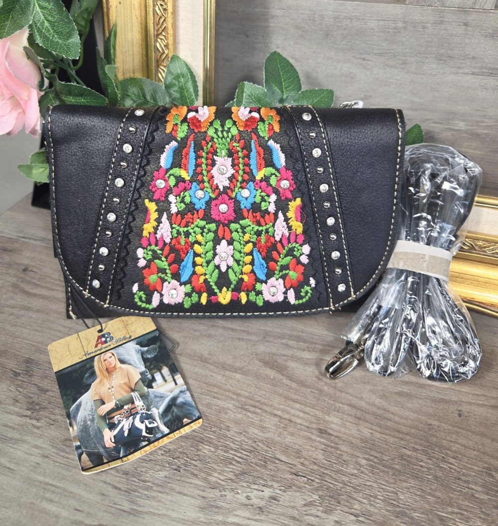 American Bling Embroidered Crossbody Clutch Black Floral Studded Purse NWT